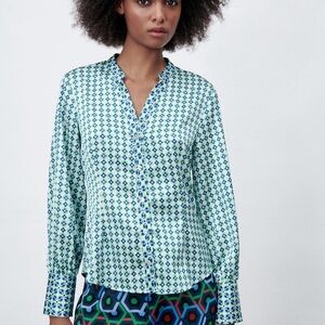 Zara Satin Effect Geometric Print Green, Blue & White. Like Brand New.
